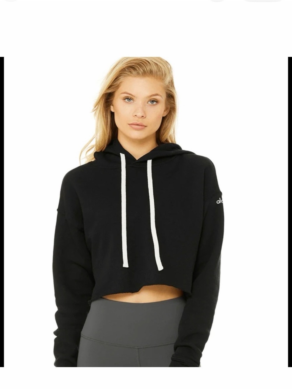 ALO Yoga Black Cropped Hoodie with White Drawcords